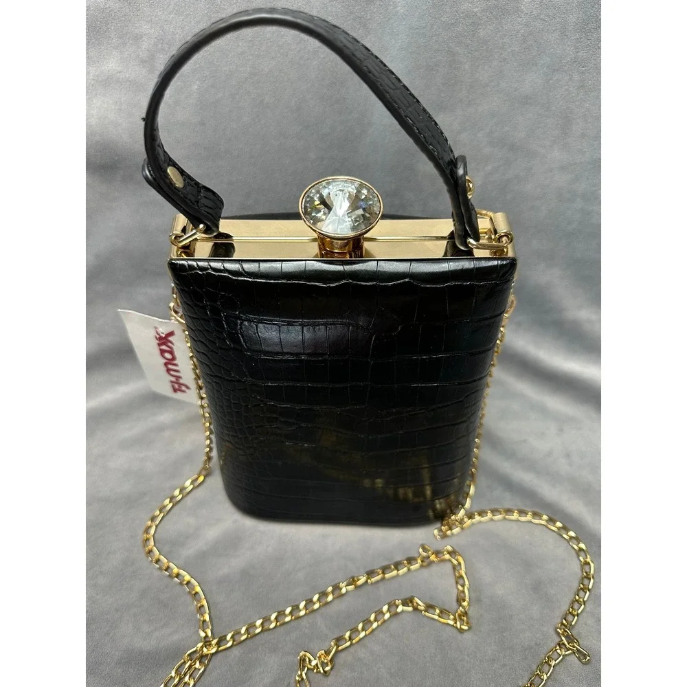 NWT Box Clutch Bag Black Croc Embossed‎ Small Evening Wedding Party